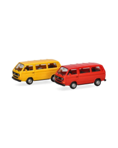 H0 VW T3 Bus 2x, geel & rood, Minikit Herpa 013093005