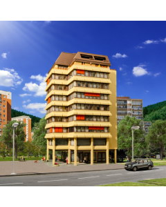 H0 Flatgebouw met winkelgalerij en penthouse appartement incl. Vloer binnenverlichting Kibri 38218