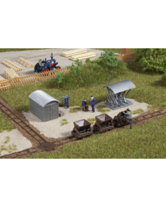 H0f Kieplorries, rails, draaischijf (veldsbaan) fietsenrek & schuur Auhagen 42572