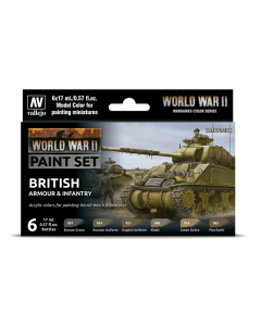 British Armour & Infantry WWII Model Color Paint Set, 6 kleuren Vallejo 70204