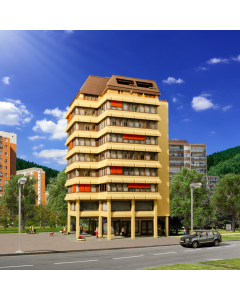 H0 Flatgebouw met winkelgalerij en penthouse appartement incl. Vloer binnenverlichting Kibri 38218