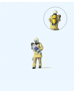 H0 Brandweerman redt een kind, beige uniform Preiser 28252