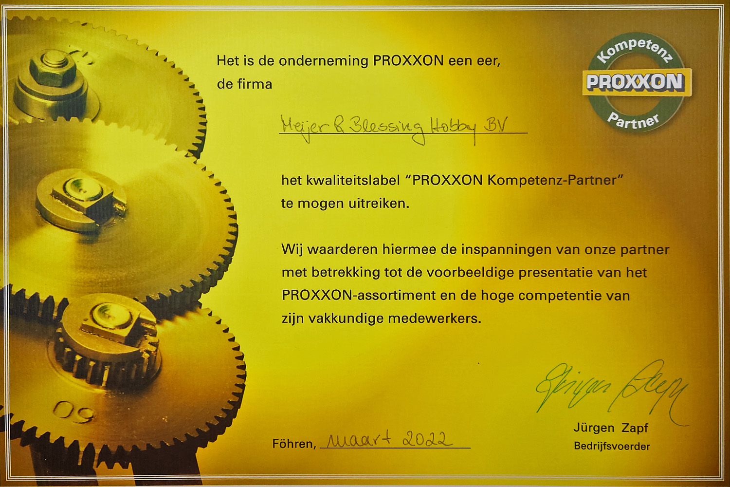 Meijer & Blessing, gecertificeerd PROXXON 'Kompetenz-Partner' 